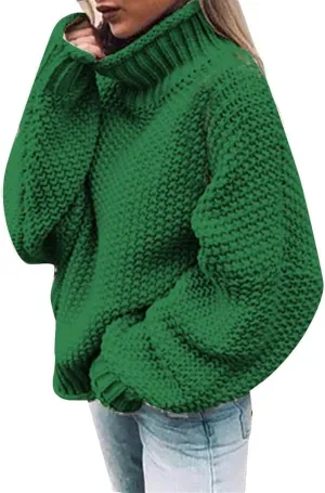 Turtleneck sweater, women's sweater, women's plain sweater, warm, chunky knit sweater, knitted sweater, women's chunky oversize knitted sweater, top, winter sweater, chunky knit sweater (Color : Grn