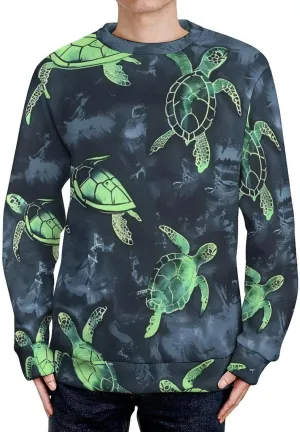 Turtles Tie Dye Pattern Crew Neck Sweater Oversized Long Sleeve Pure Cotton Casual Knit Pullover Sweatshirt