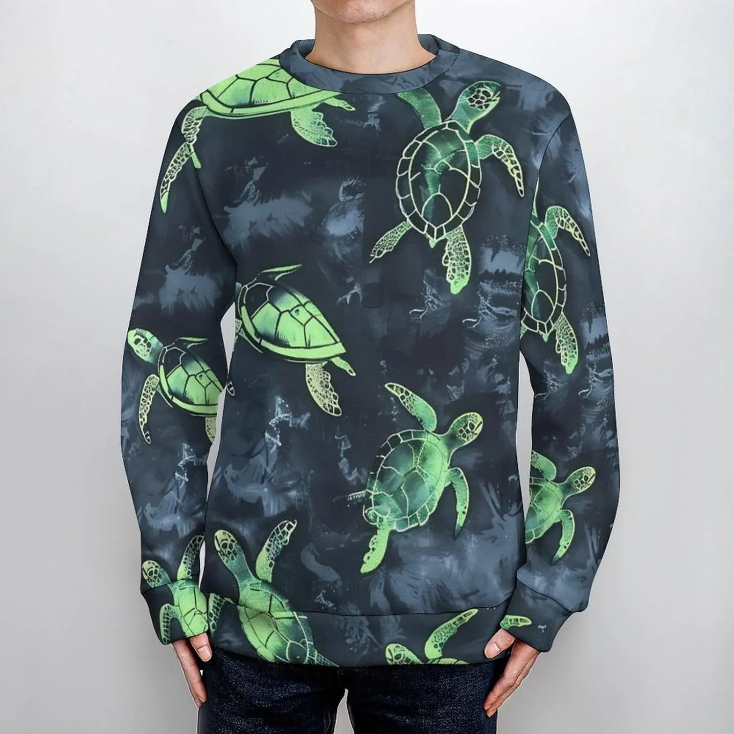Turtles Tie Dye Pattern Crew Neck Sweater Oversized Long Sleeve Pure Cotton Casual Knit Pullover Sweatshirt
