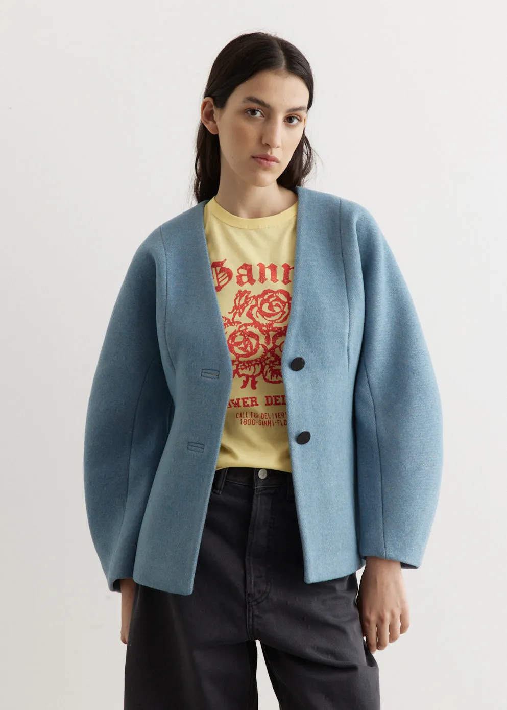 Twill Wool Suiting Curve Sleeve Blazer