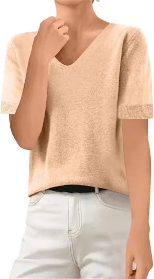 V Neck Sweaters for Women Dressy Casual Short Sleeve Summer Tops Basic Solid Color Loose Fit T Shirts