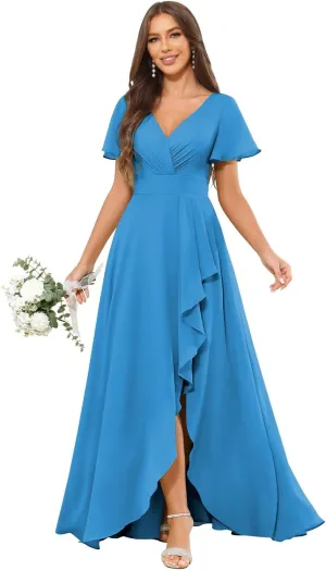 VCCICANY Short Sleeve Bridesmaid Dresses for Women V Neck Chiffon Ruched Long Formal Dress with Ruffle Slit