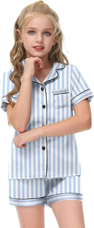 Veseacky Unisex Satin Pajamas Set Boys Girls Silk Pjs Short Sleeve 2 Piece Sleepwear Button-Down Kids Nightwear(4-13T)