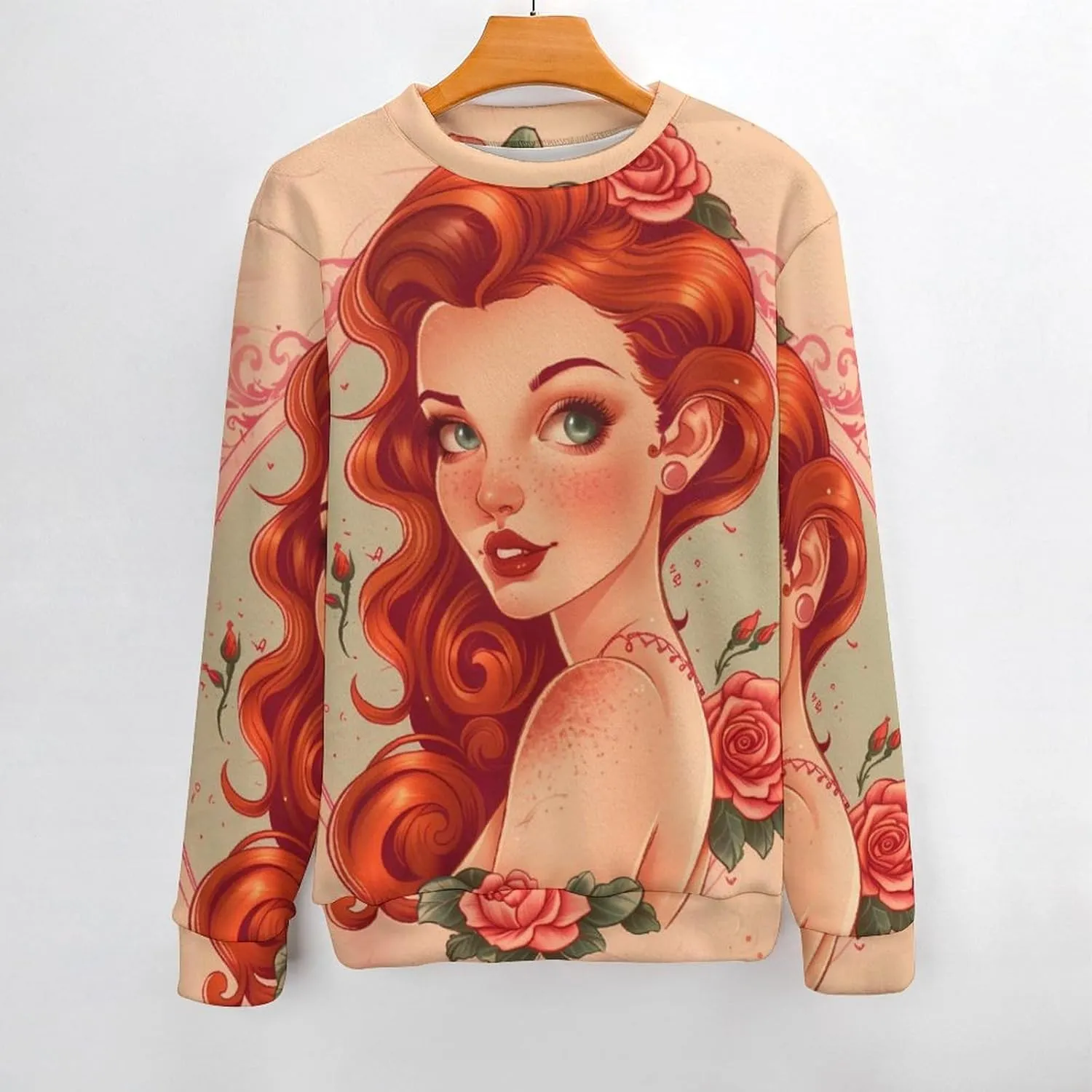 Vintage Rose Lady Crew Neck Sweater Oversized Long Sleeve Pure Cotton Casual Knit Pullover Sweatshirt