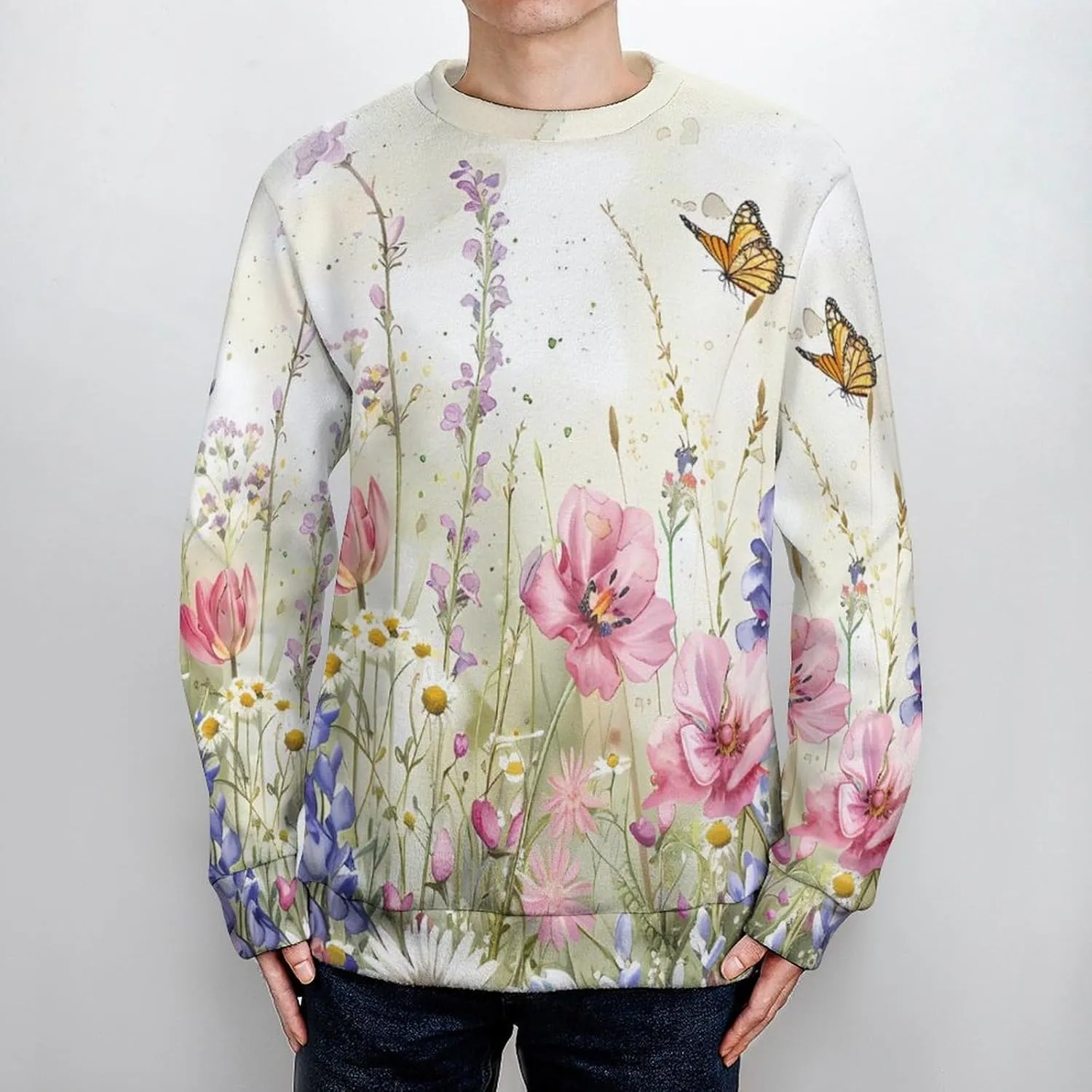 Watercolor Wildflowers Butterflies Crew Neck Sweater Oversized Long Sleeve Pure Cotton Casual Knit Pullover Sweatshirt