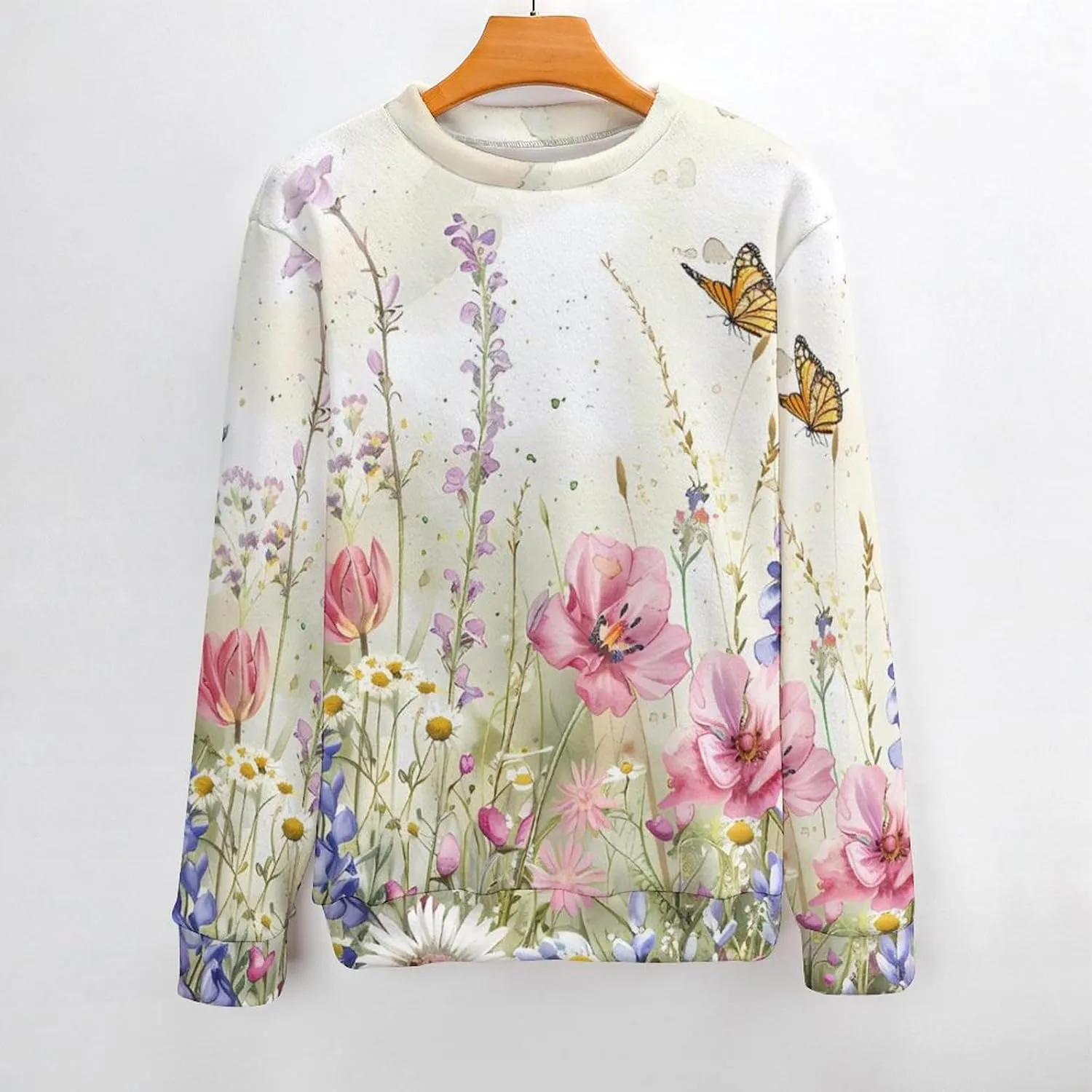 Watercolor Wildflowers Butterflies Crew Neck Sweater Oversized Long Sleeve Pure Cotton Casual Knit Pullover Sweatshirt
