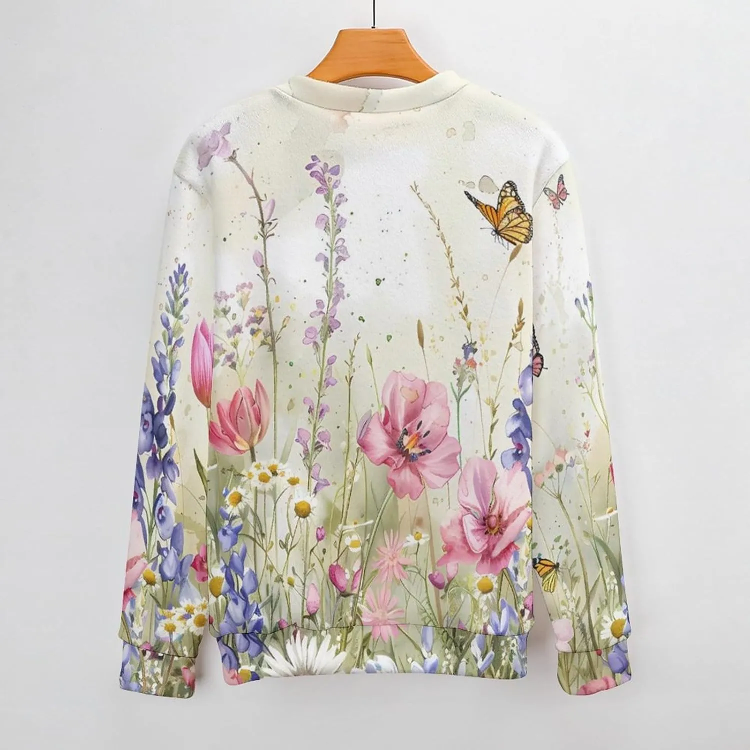 Watercolor Wildflowers Butterflies Crew Neck Sweater Oversized Long Sleeve Pure Cotton Casual Knit Pullover Sweatshirt