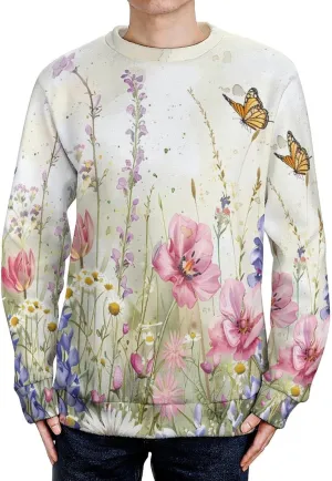 Watercolor Wildflowers Butterflies Crew Neck Sweater Oversized Long Sleeve Pure Cotton Casual Knit Pullover Sweatshirt