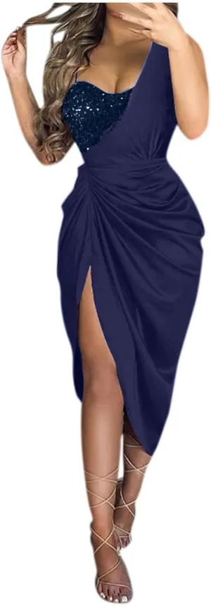 Wedding Guest Dresses for Women One Shoulder Sequin Smocked Formal Dress Elegant Side Slit Cocktail Evening Party Dresses