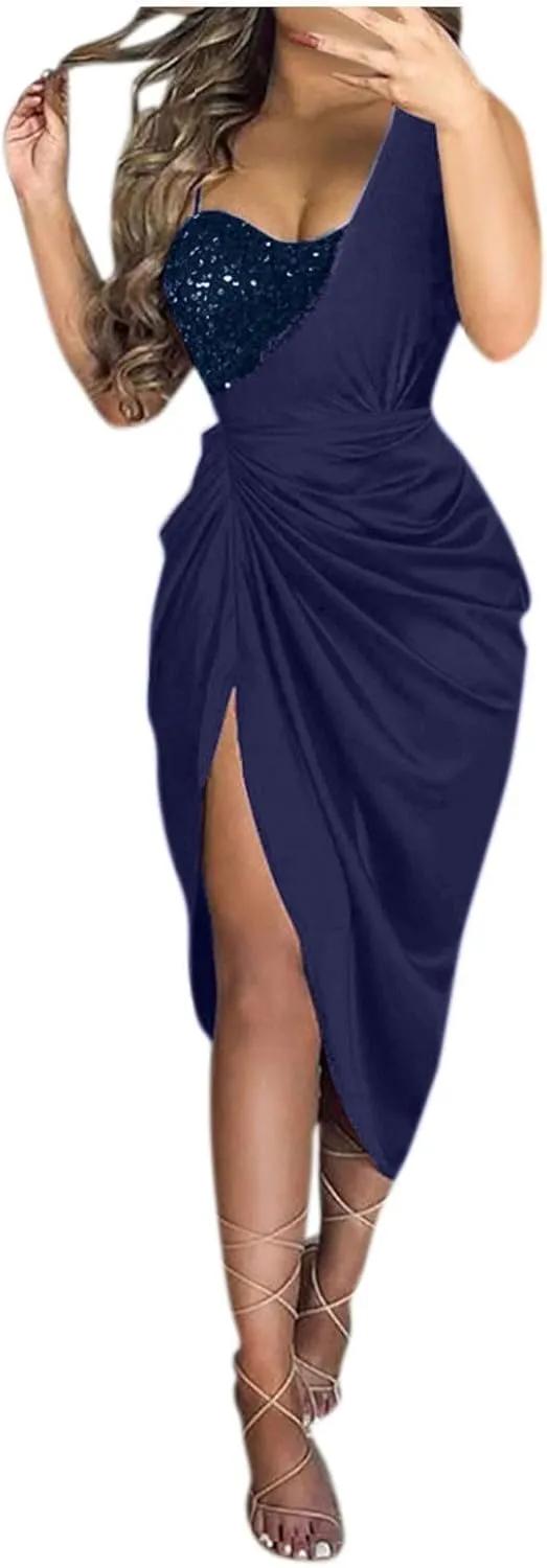 Wedding Guest Dresses for Women One Shoulder Sequin Smocked Formal Dress Elegant Side Slit Cocktail Evening Party Dresses