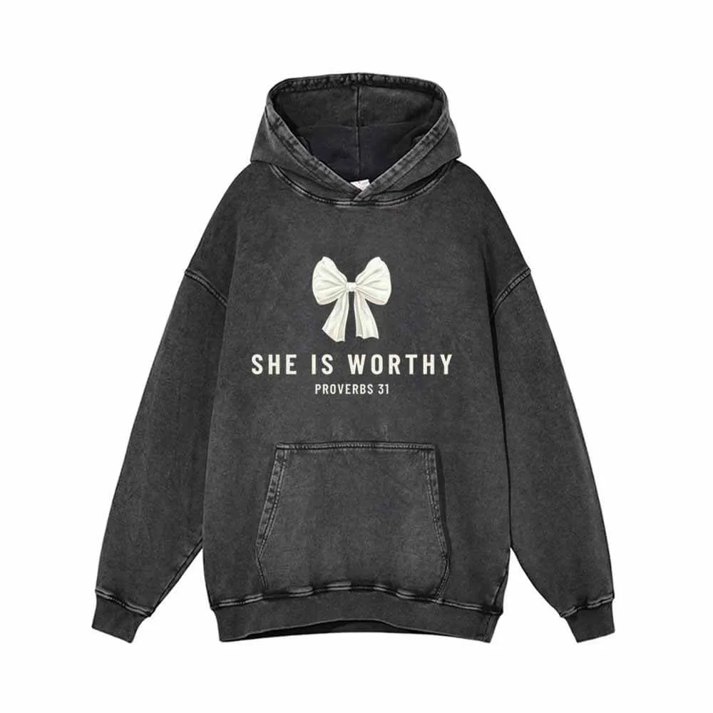 White Bow She Is Worthy Vintage Washed Hoodie
