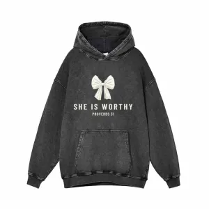 White Bow She Is Worthy Vintage Washed Hoodie