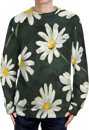 White Daisies Flowers Crew Neck Sweater Oversized Long Sleeve Pure Cotton Casual Knit Pullover Sweatshirt