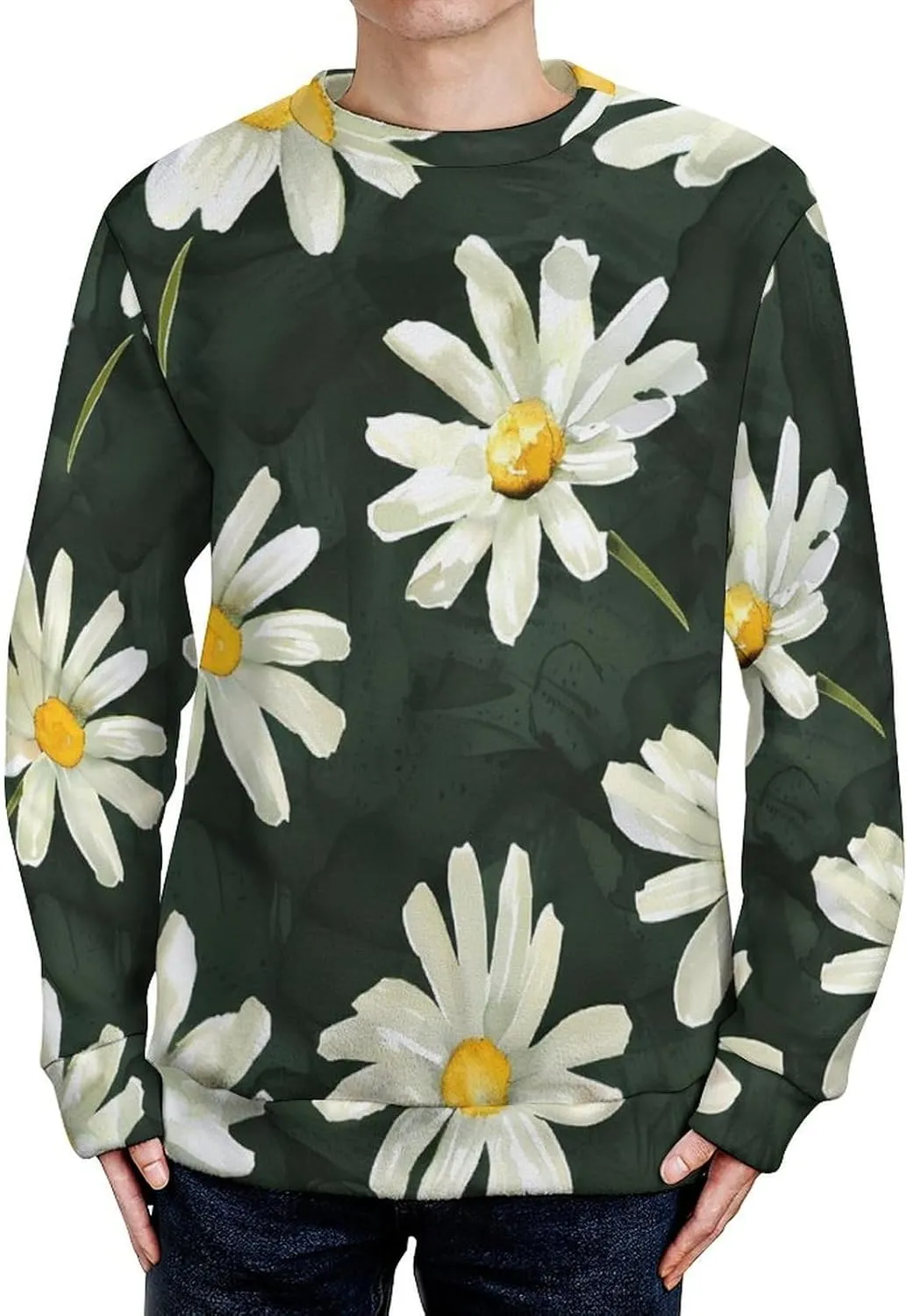 White Daisies Flowers Crew Neck Sweater Oversized Long Sleeve Pure Cotton Casual Knit Pullover Sweatshirt