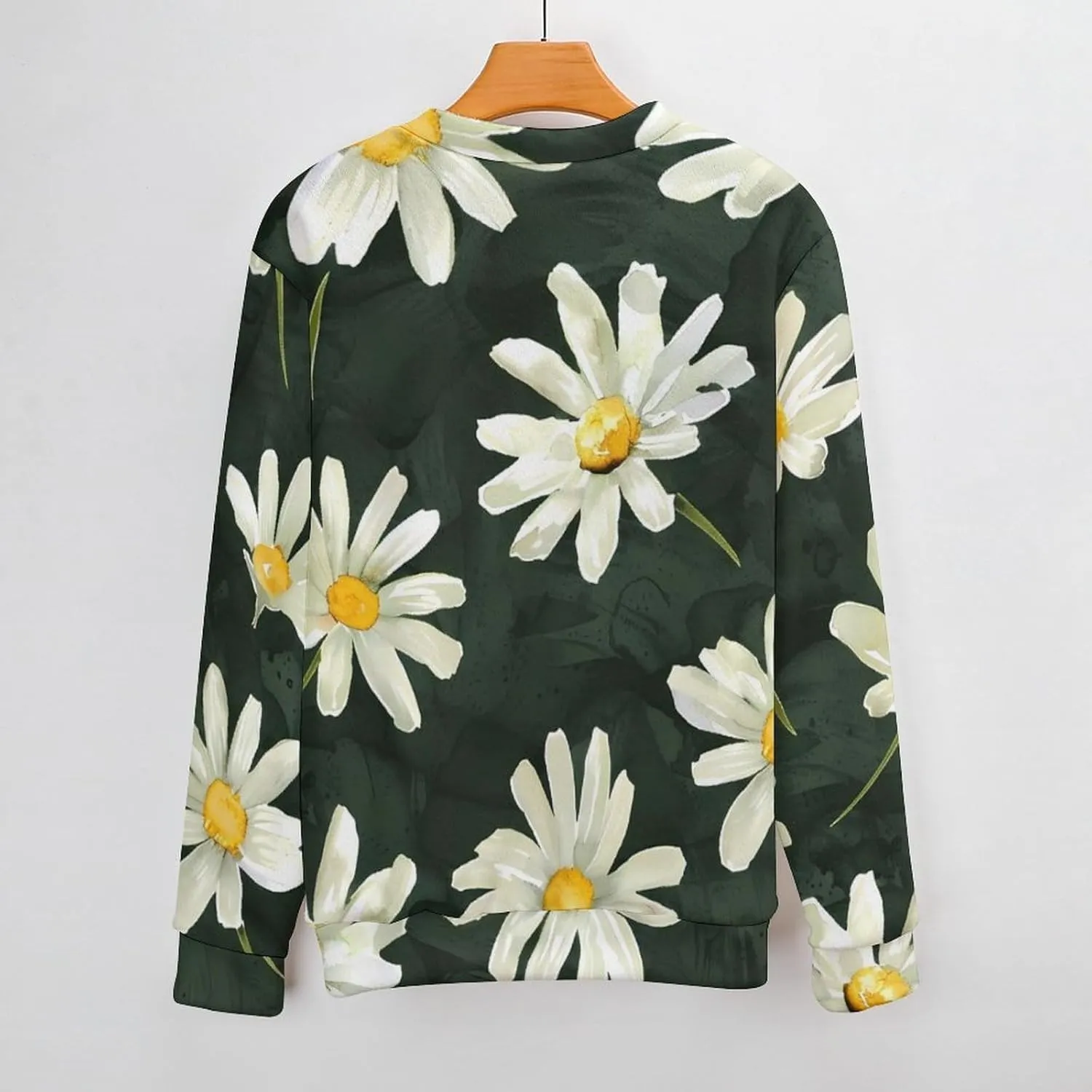 White Daisies Flowers Crew Neck Sweater Oversized Long Sleeve Pure Cotton Casual Knit Pullover Sweatshirt