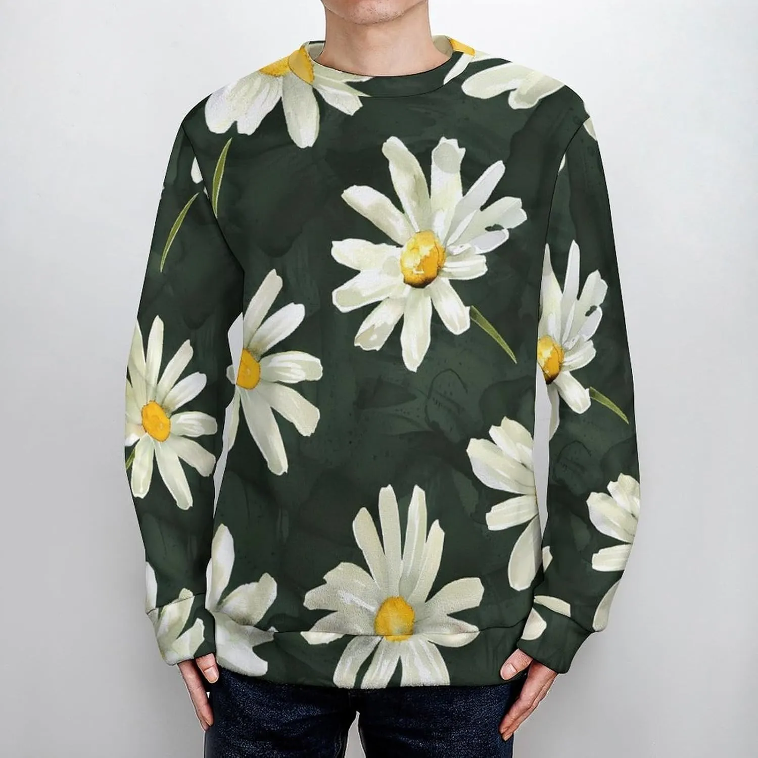 White Daisies Flowers Crew Neck Sweater Oversized Long Sleeve Pure Cotton Casual Knit Pullover Sweatshirt