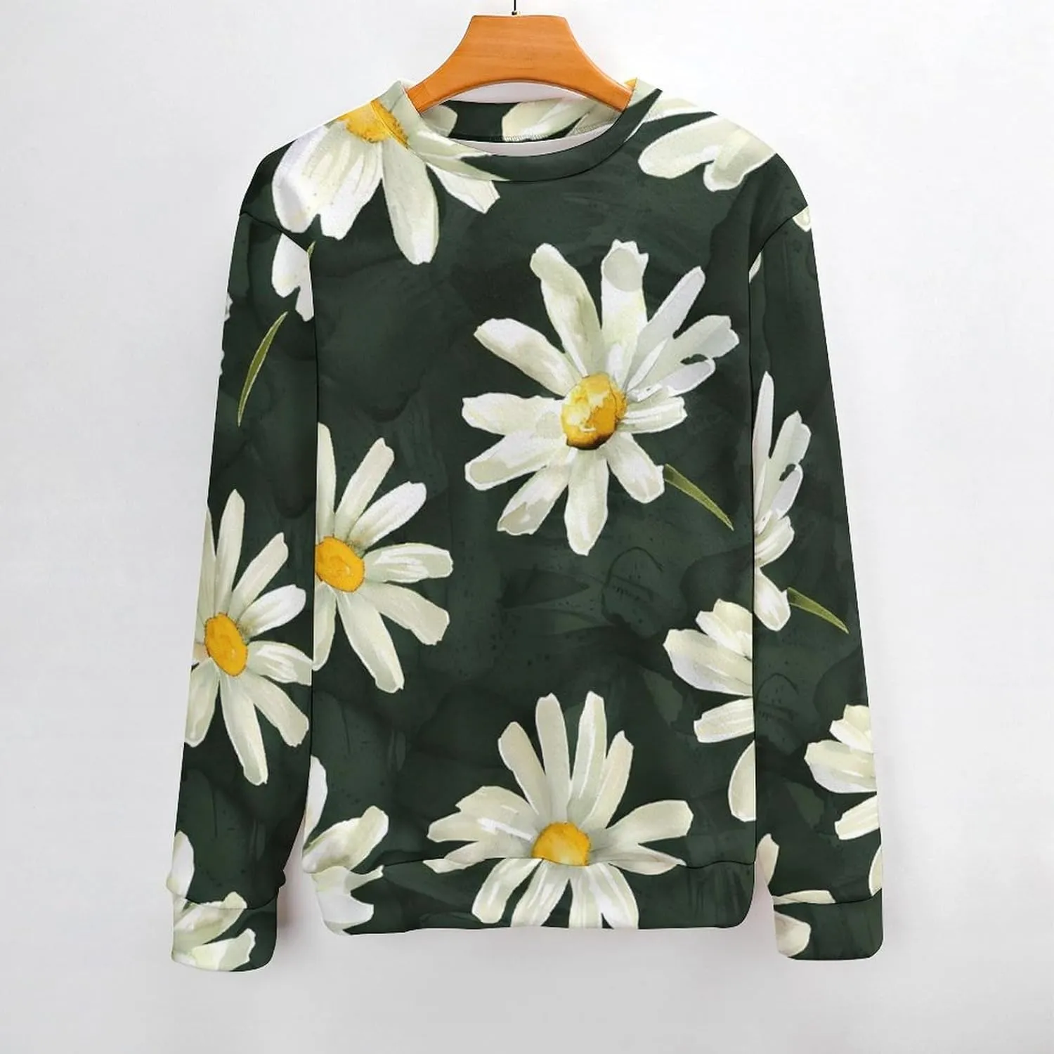 White Daisies Flowers Crew Neck Sweater Oversized Long Sleeve Pure Cotton Casual Knit Pullover Sweatshirt