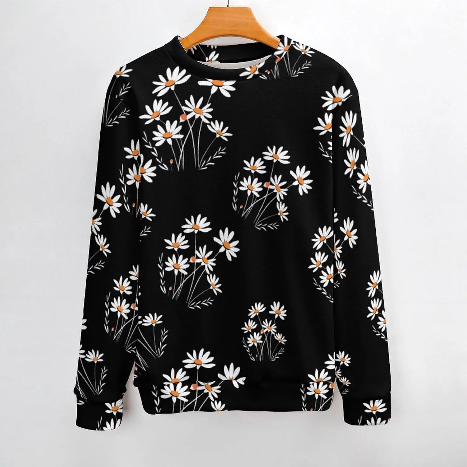 White Daisy Flower Crew Neck Sweater Oversized Long Sleeve Pure Cotton Casual Knit Pullover Sweatshirt