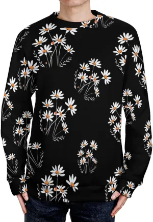 White Daisy Flower Crew Neck Sweater Oversized Long Sleeve Pure Cotton Casual Knit Pullover Sweatshirt