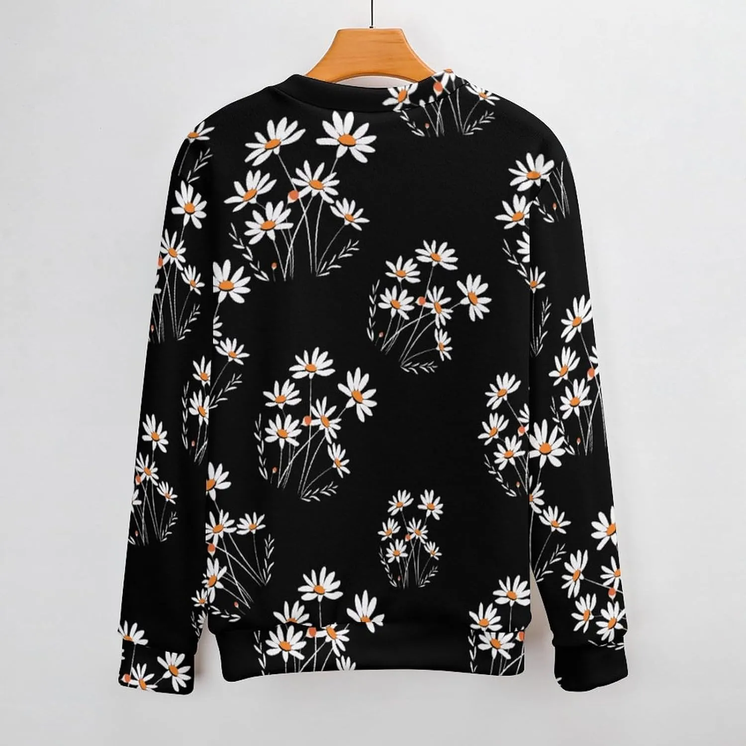 White Daisy Flower Crew Neck Sweater Oversized Long Sleeve Pure Cotton Casual Knit Pullover Sweatshirt