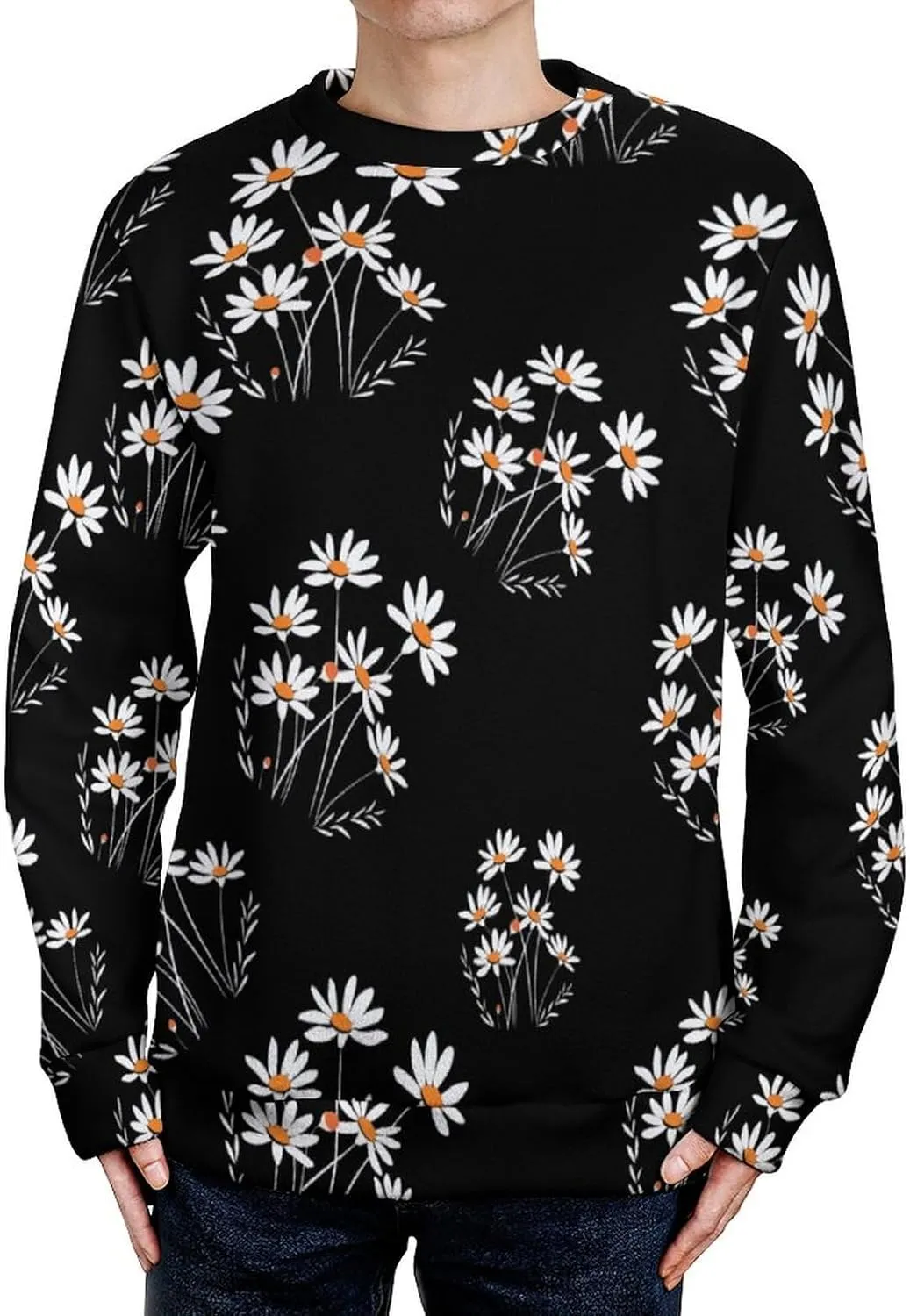 White Daisy Flower Crew Neck Sweater Oversized Long Sleeve Pure Cotton Casual Knit Pullover Sweatshirt