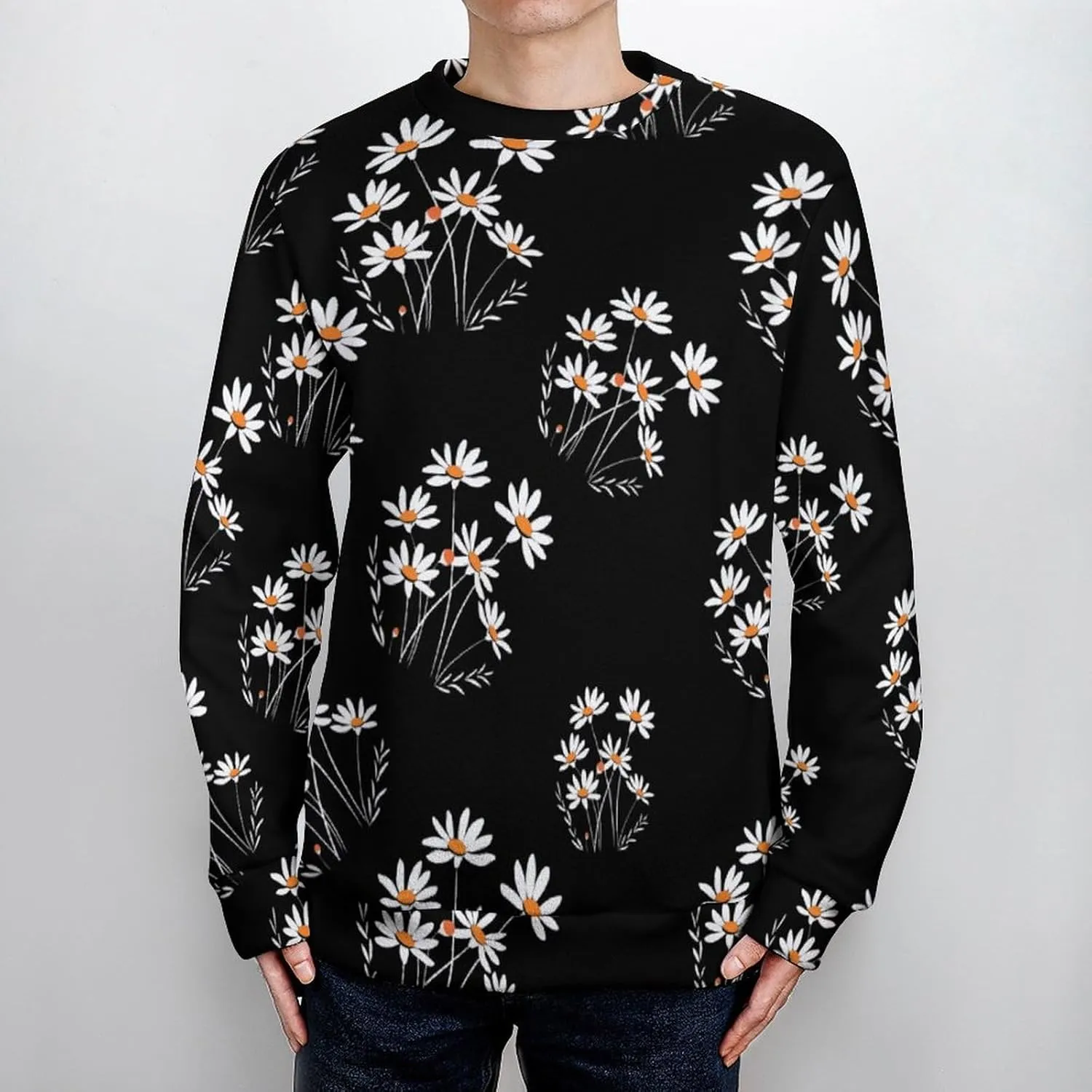 White Daisy Flower Crew Neck Sweater Oversized Long Sleeve Pure Cotton Casual Knit Pullover Sweatshirt