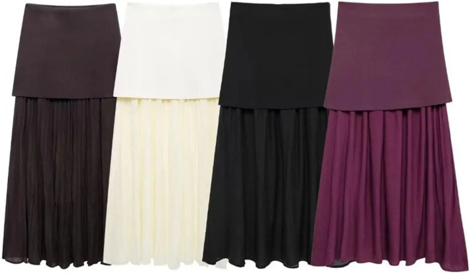 Women Combined Pleated Knit Skirt Elasticated Waistband High Waist Semi-Sheer Midi Skirt
