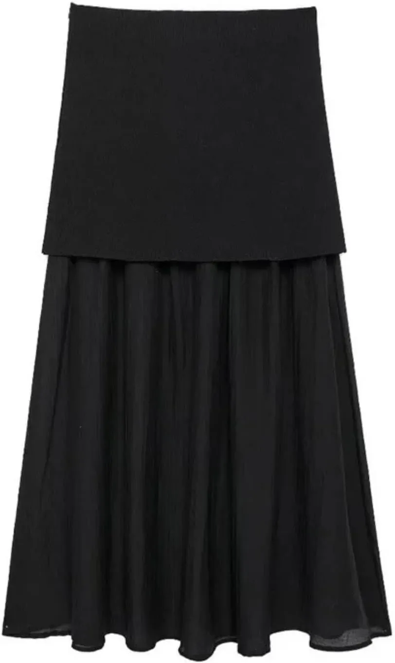 Women Combined Pleated Knit Skirt Elasticated Waistband High Waist Semi-Sheer Midi Skirt