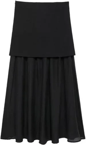 Women Combined Pleated Knit Skirt Elasticated Waistband High Waist Semi-Sheer Midi Skirt
