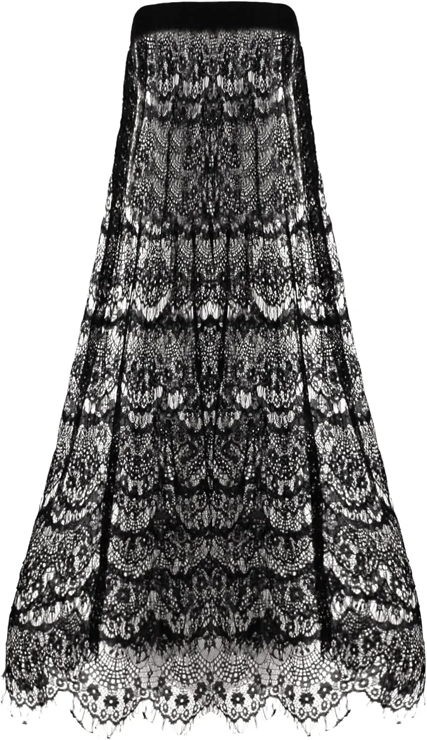 Women Floral Tassels Sheer Mesh Maxi Long Skirt High Elastic Waisted Skirt Summer Beach Bikini Cover Up Black