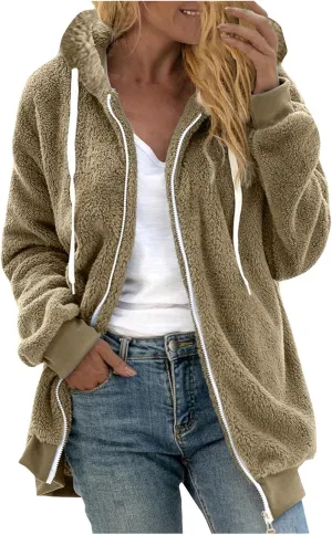 Women Fuzzy Jackets Full Zip Hooded Sweatshirt Coat Winter Warm Fleece Plush Zipper Hoodies Cozy Cardigan Outwear