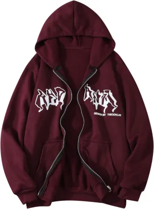 Women Men Y2K Zip Up Oversized Hoodie Dragon Graphic Emo Grunge Alt Baggy Fleece Jacket 90s Punk Streetwear Tops