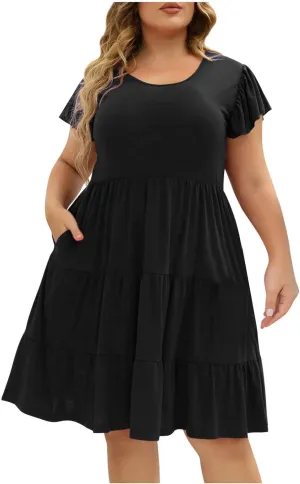 Women Oversized Dresses Cute Flutter Short Sleeve Crewneck Midi Dress Plus Size Ruffle Layer Sundress with Pockets