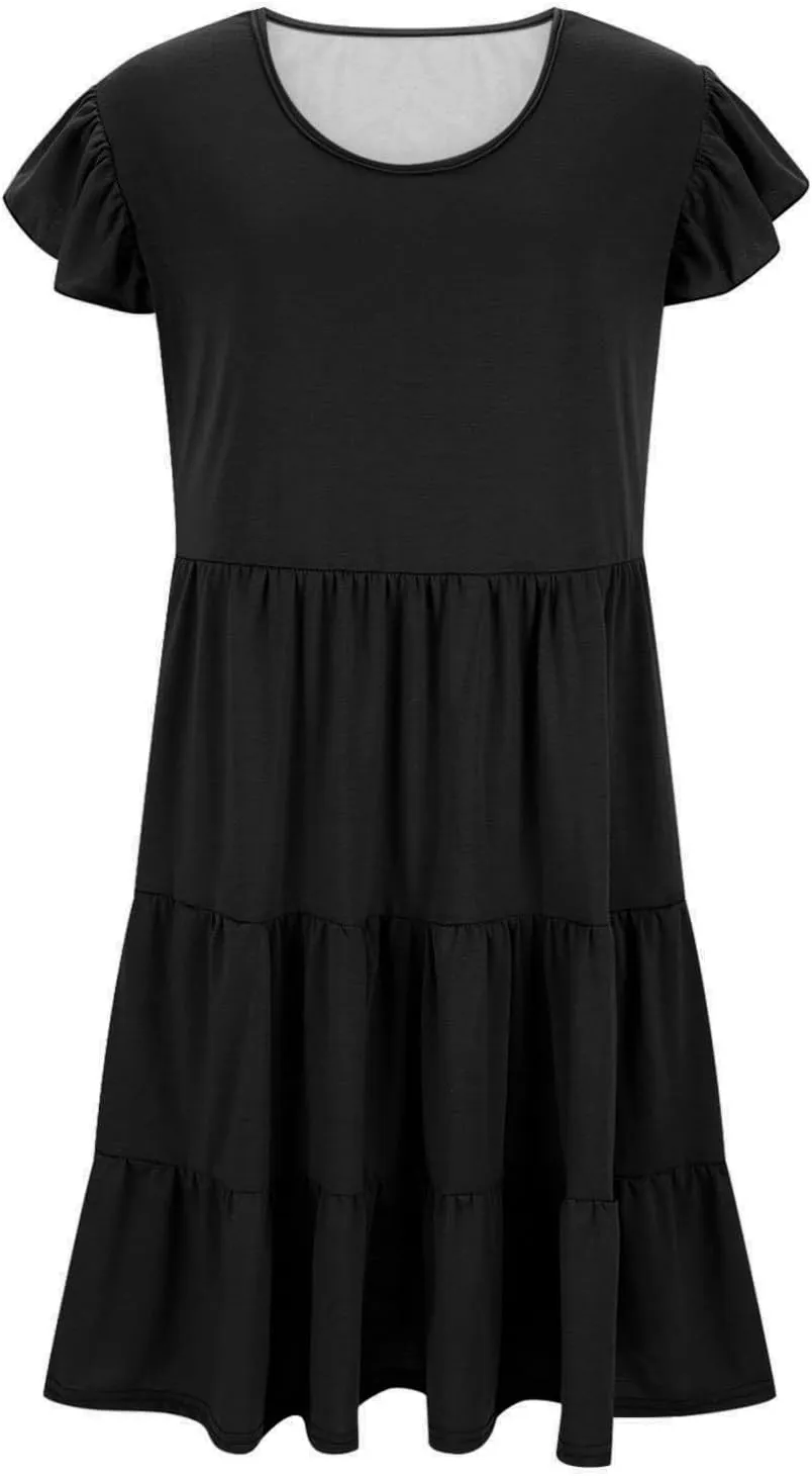 Women Oversized Dresses Cute Flutter Short Sleeve Crewneck Midi Dress Plus Size Ruffle Layer Sundress with Pockets