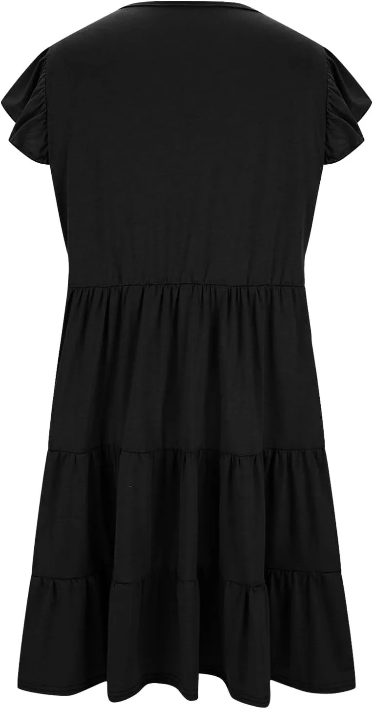 Women Oversized Dresses Cute Flutter Short Sleeve Crewneck Midi Dress Plus Size Ruffle Layer Sundress with Pockets