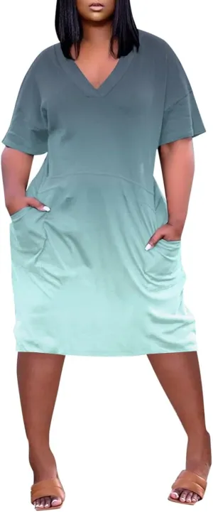 Women Plus Size Short Sleeve Dress Summer Casual Midi Tshirt Dresses V Neck Trendy Loose Sundresses with Pockets