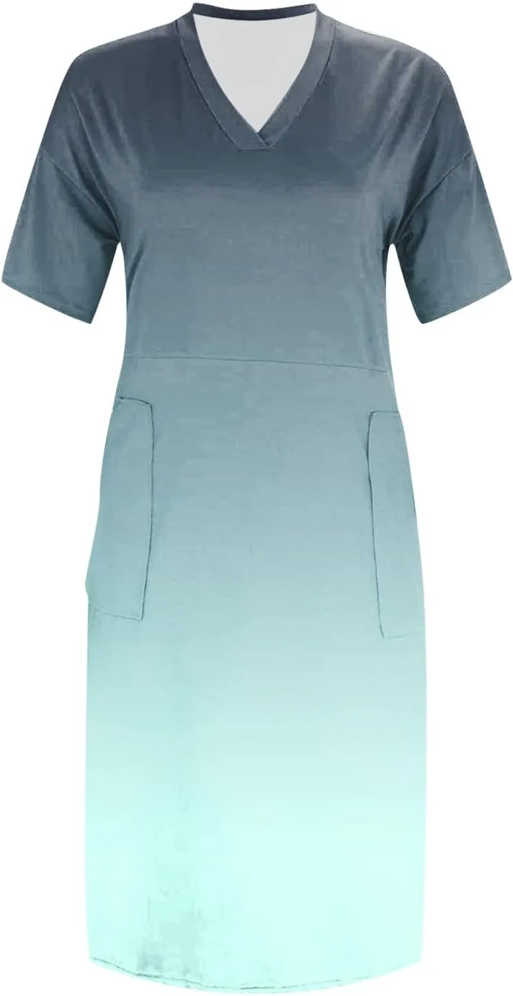 Women Plus Size Short Sleeve Dress Summer Casual Midi Tshirt Dresses V Neck Trendy Loose Sundresses with Pockets