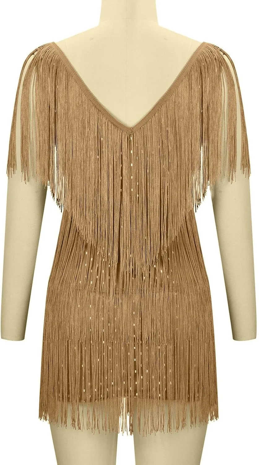 Women Sexy Deep V-Neck Bodycon Dress Summer Layered Fringe Tassel Flapper Dresses Club Party Prom Mini Strap Dress