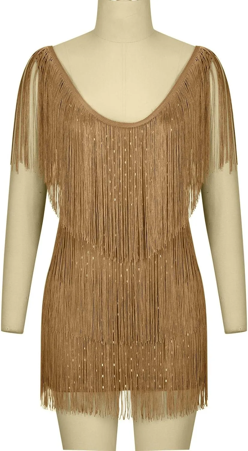 Women Sexy Deep V-Neck Bodycon Dress Summer Layered Fringe Tassel Flapper Dresses Club Party Prom Mini Strap Dress
