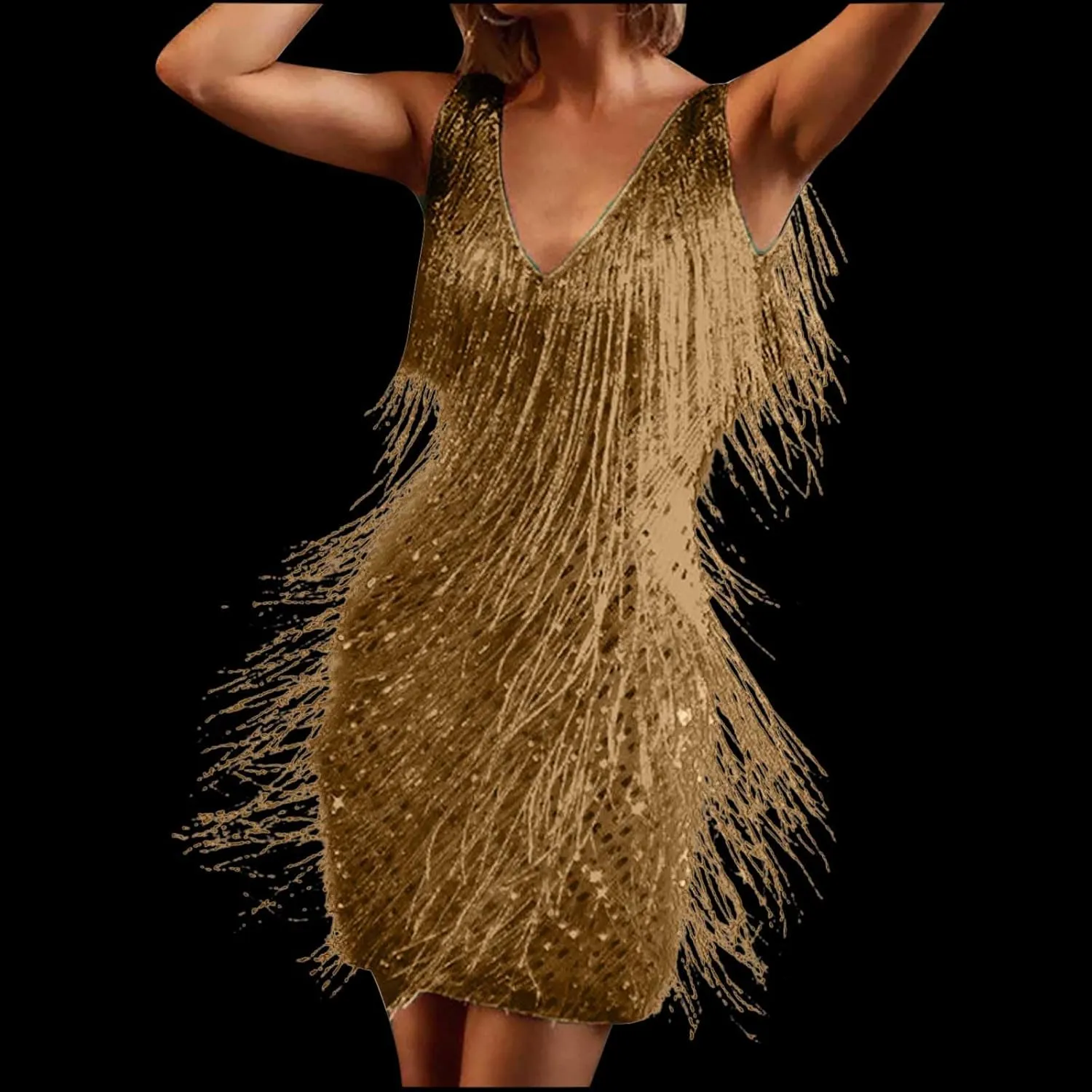Women Sexy Deep V-Neck Bodycon Dress Summer Layered Fringe Tassel Flapper Dresses Club Party Prom Mini Strap Dress