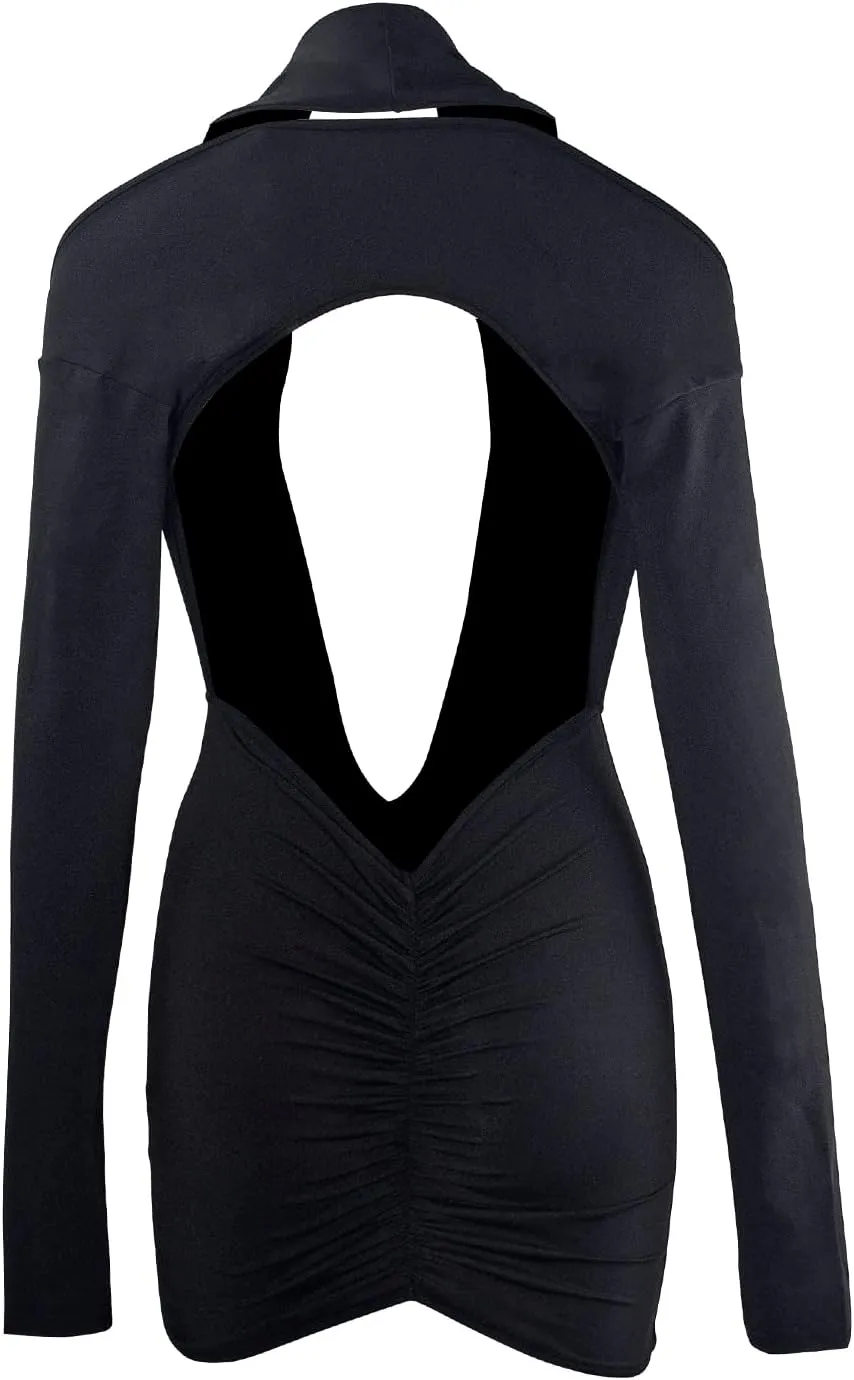 Women Sexy Deep V Neck Long Sleeve Backless Dress Cut Out Bodycon Ruched Mini Club Dresses