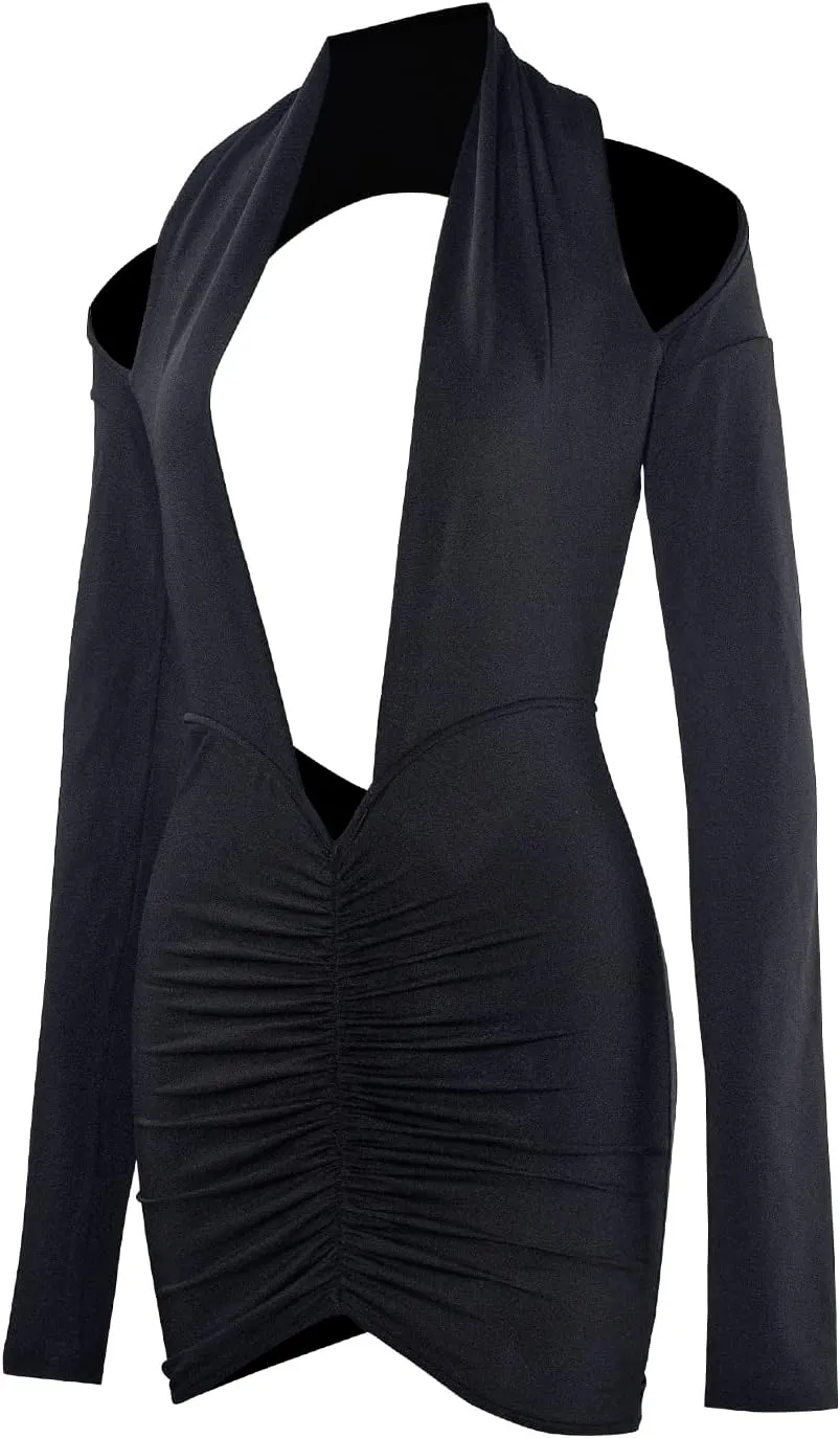 Women Sexy Deep V Neck Long Sleeve Backless Dress Cut Out Bodycon Ruched Mini Club Dresses