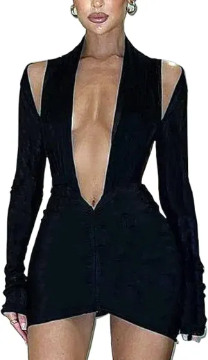 Women Sexy Deep V Neck Long Sleeve Backless Dress Cut Out Bodycon Ruched Mini Club Dresses