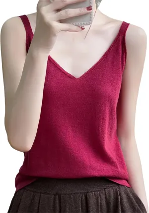 Women Sexy Knitted Camisole Base Vest with V-Neck Loose Interior