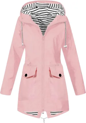 Women Solid Rain Jacket Outdoor Plus Size Long Hooded Windproof Loose Coats Female Down Jackets Travel Trench