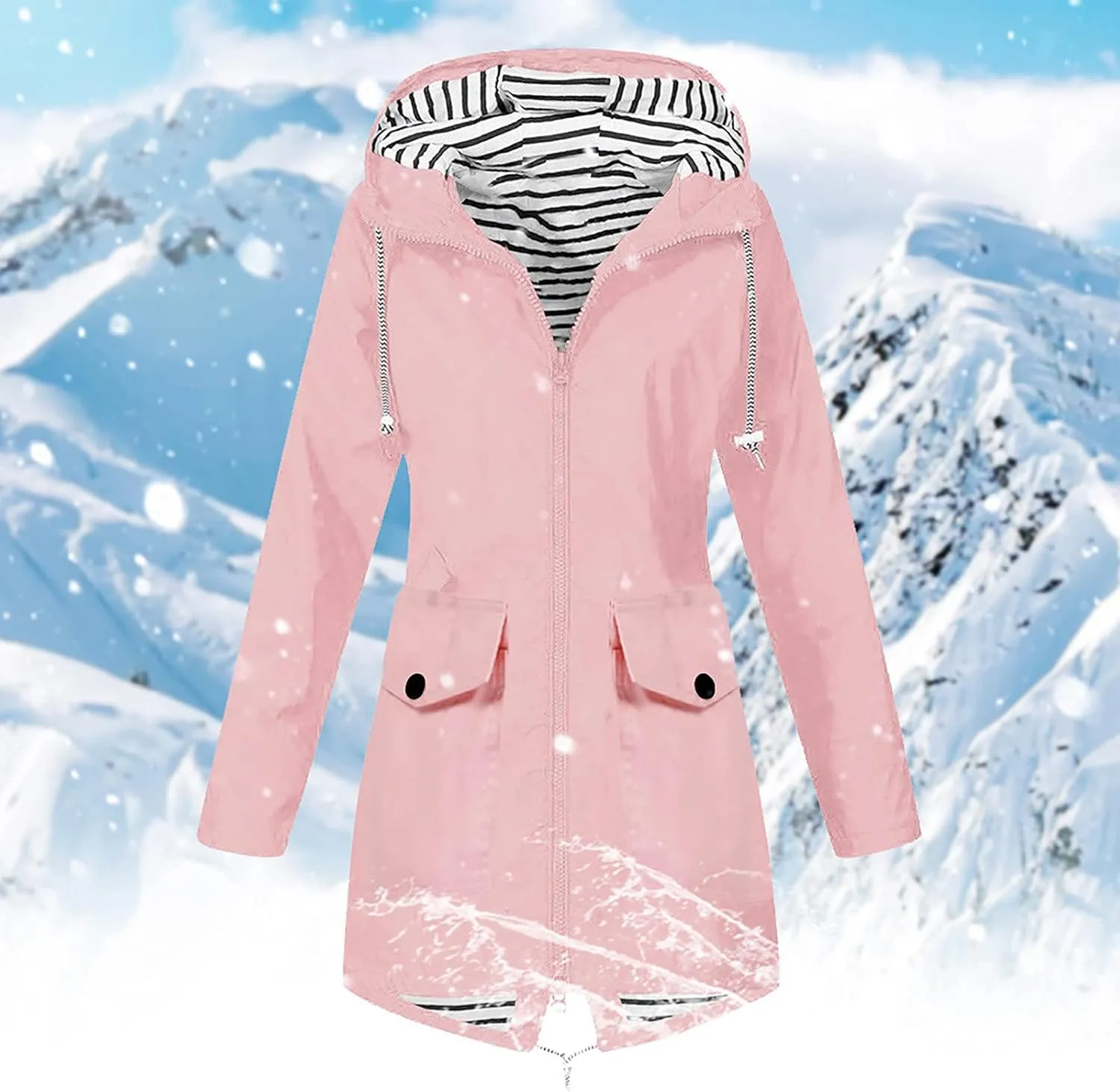Women Solid Rain Jacket Outdoor Plus Size Long Hooded Windproof Loose Coats Female Down Jackets Travel Trench
