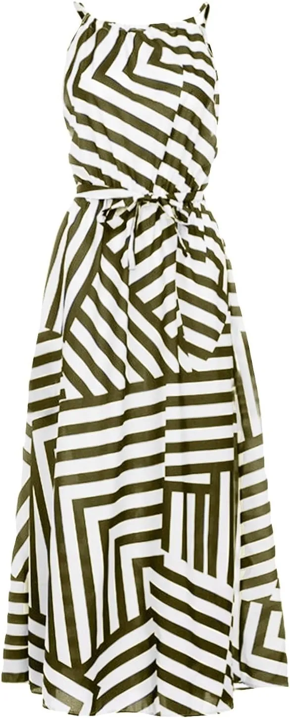 Women Spaghetti Strap Striped Sundress Sleeveless Tie Waist Maxi Dress Summer Smocked Flowy Trendy Boho Dresses 2024