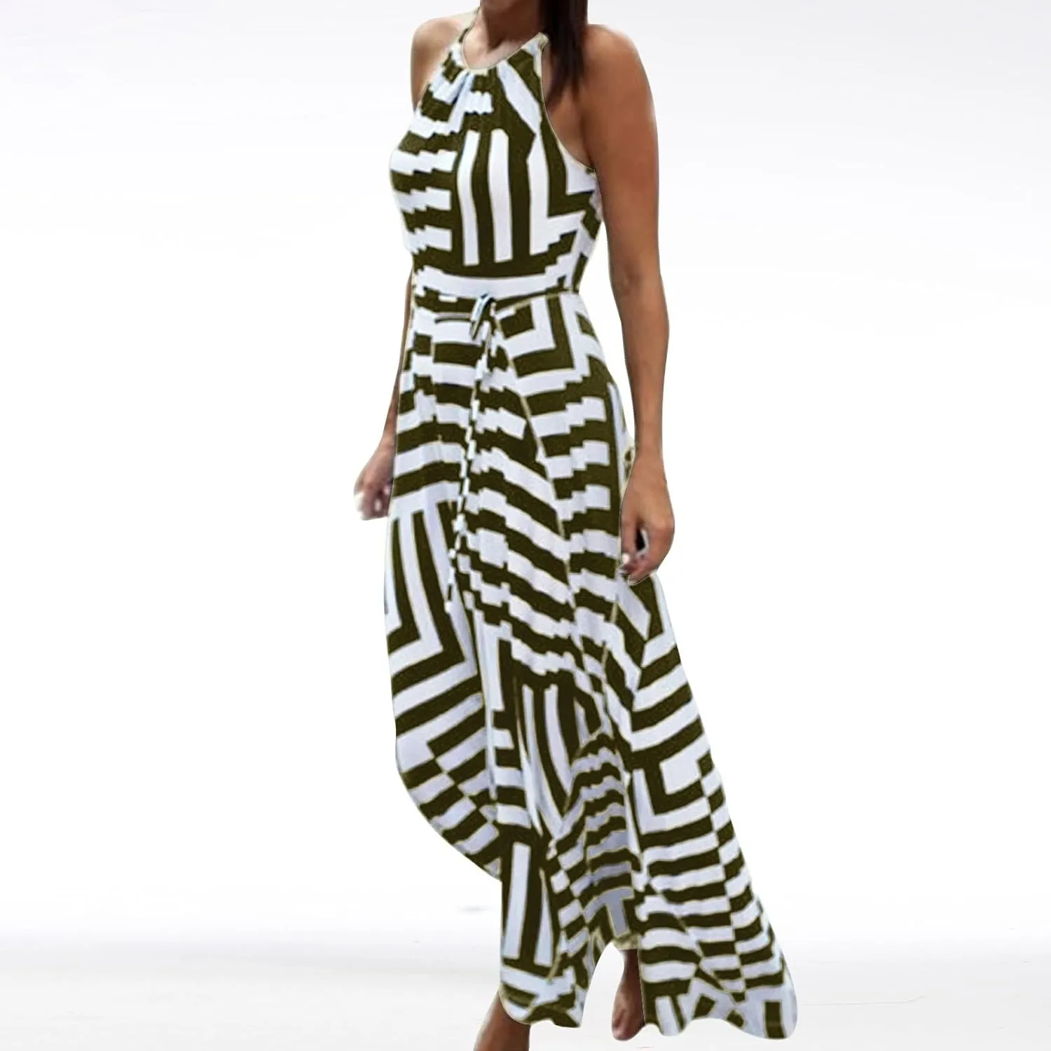 Women Spaghetti Strap Striped Sundress Sleeveless Tie Waist Maxi Dress Summer Smocked Flowy Trendy Boho Dresses 2024