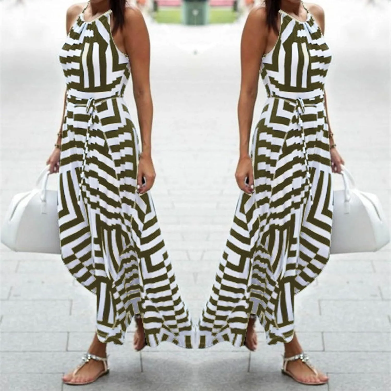 Women Spaghetti Strap Striped Sundress Sleeveless Tie Waist Maxi Dress Summer Smocked Flowy Trendy Boho Dresses 2024