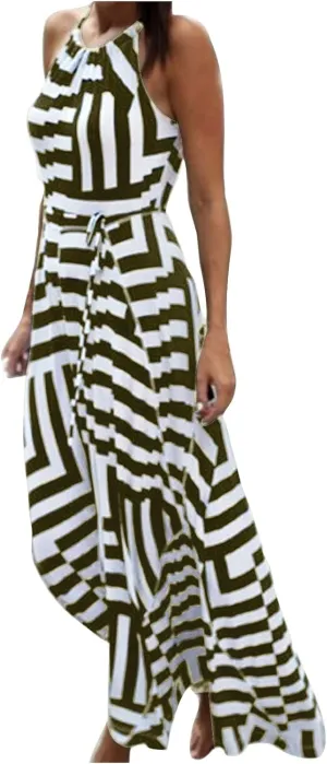 Women Spaghetti Strap Striped Sundress Sleeveless Tie Waist Maxi Dress Summer Smocked Flowy Trendy Boho Dresses 2024